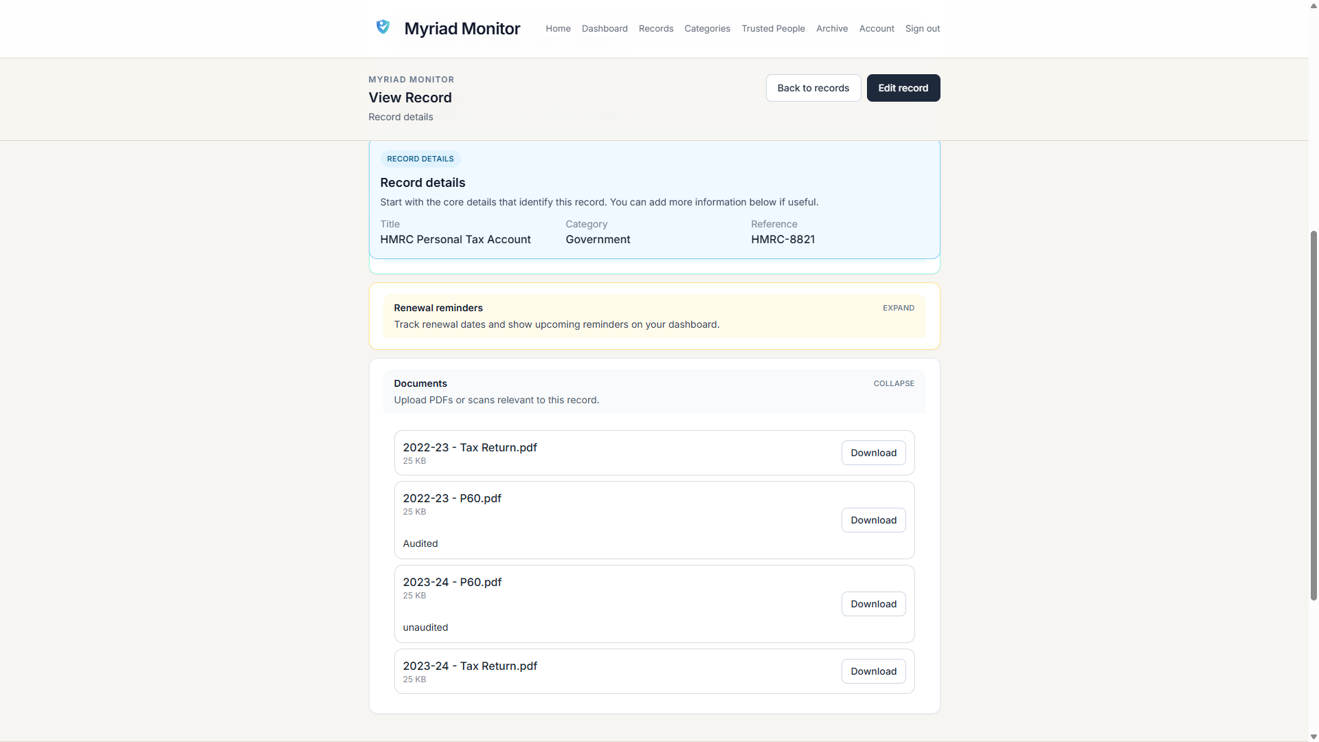 Example record detail page showing attached documents