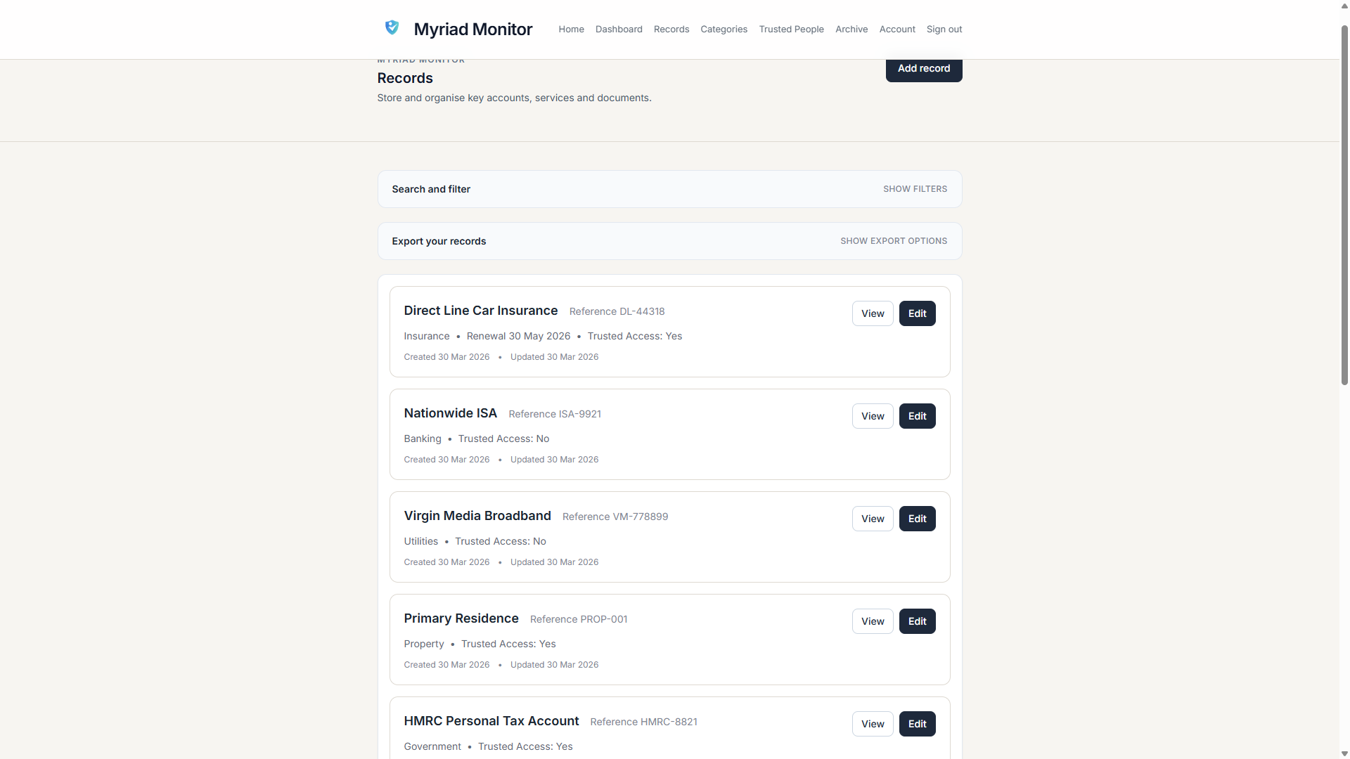 Example records list showing organised categories and records