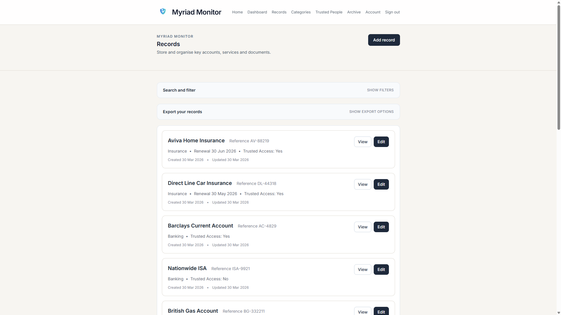 Example owner view showing organised records