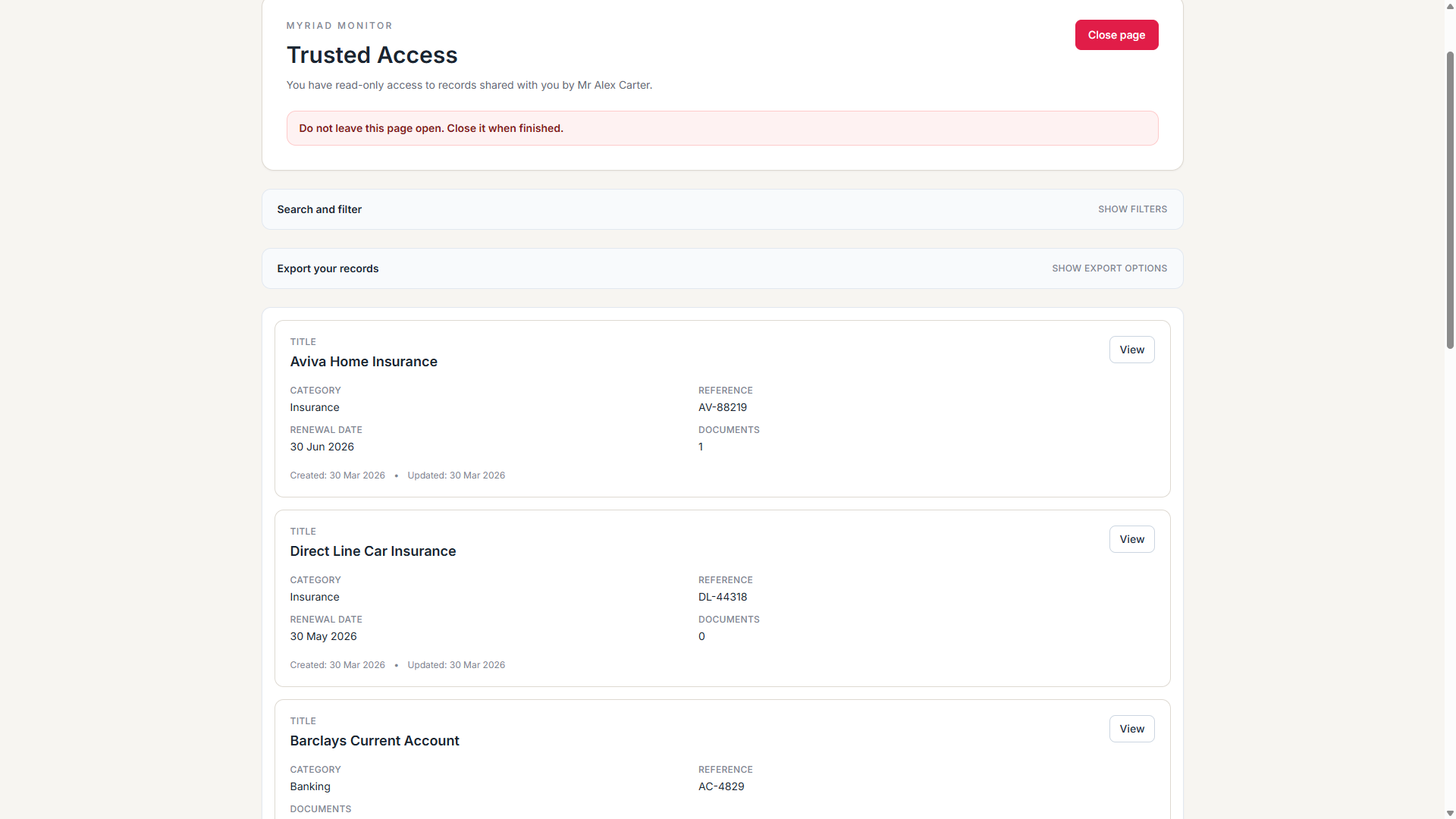 Example trusted access view showing read-only records